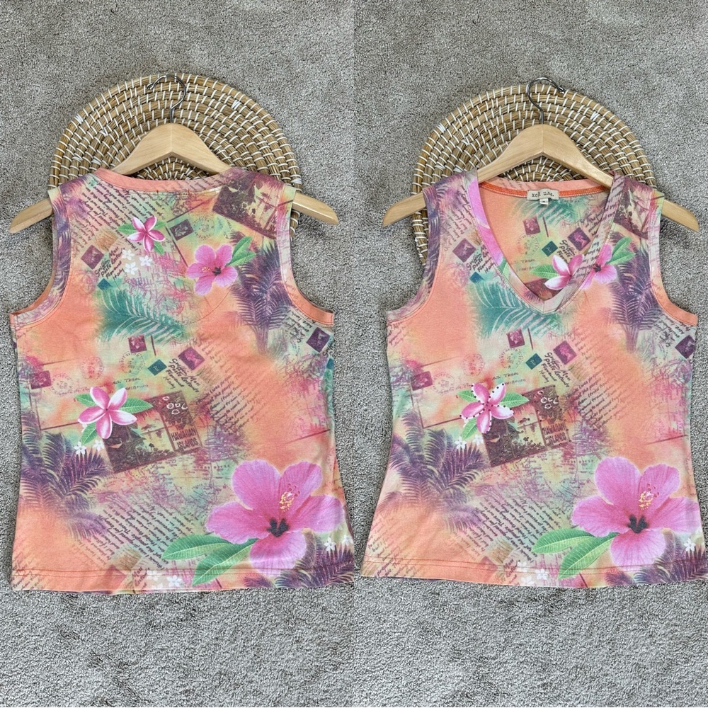 Xcit USA Women’s Y2K Vintage Baby Tee Floral Graphic V-Neck Tank Top Peach M
